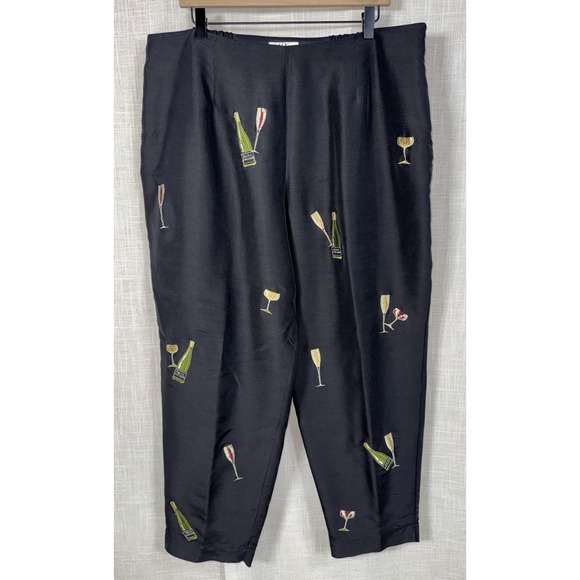 SLB Pants - SLB Black Pants 100% Silk Women's Embroidered Champagne Wine Glass Size 20 Party